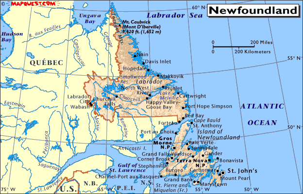 Map of Newfoundland and Labrador, Canada